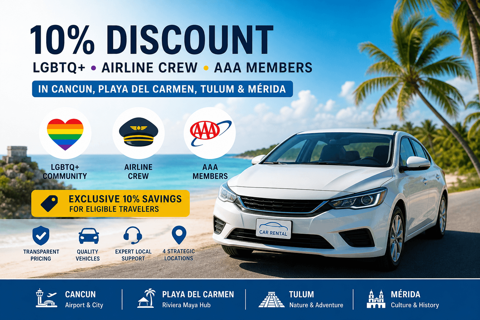 10% Off Car Rental: LGBTQ+, Crew & AAA Mexico