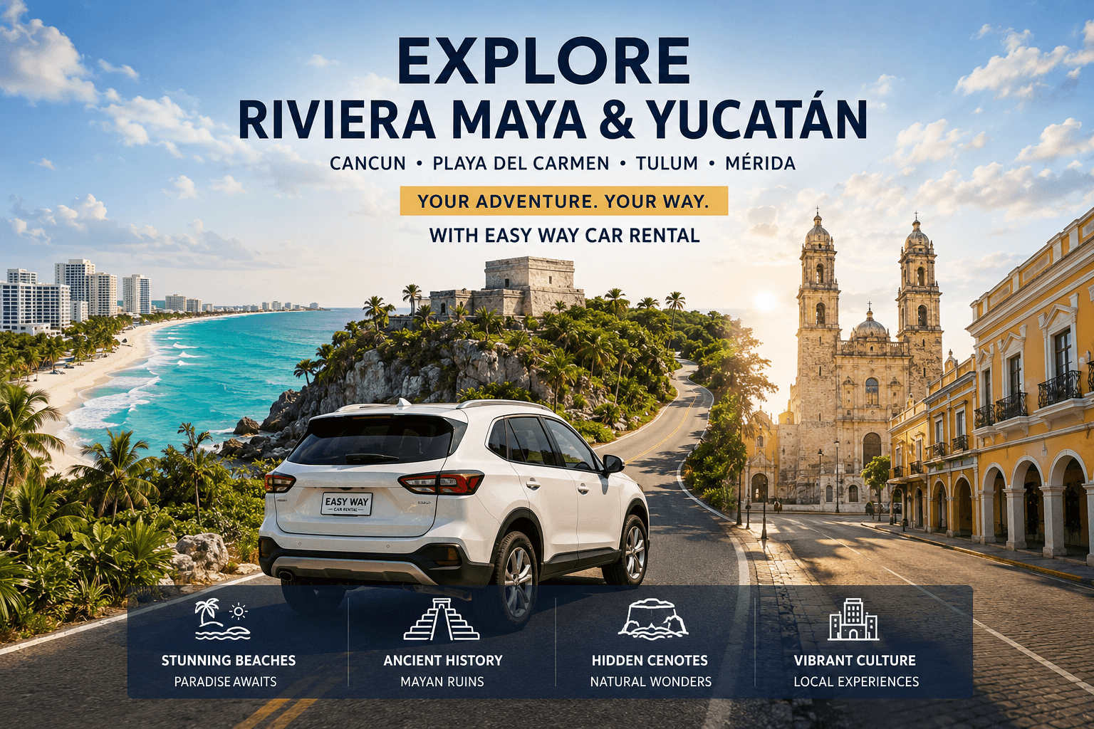 Explore the Best Destinations in Cancun, Playa del Carmen, Tulum & Mérida by Rental Car