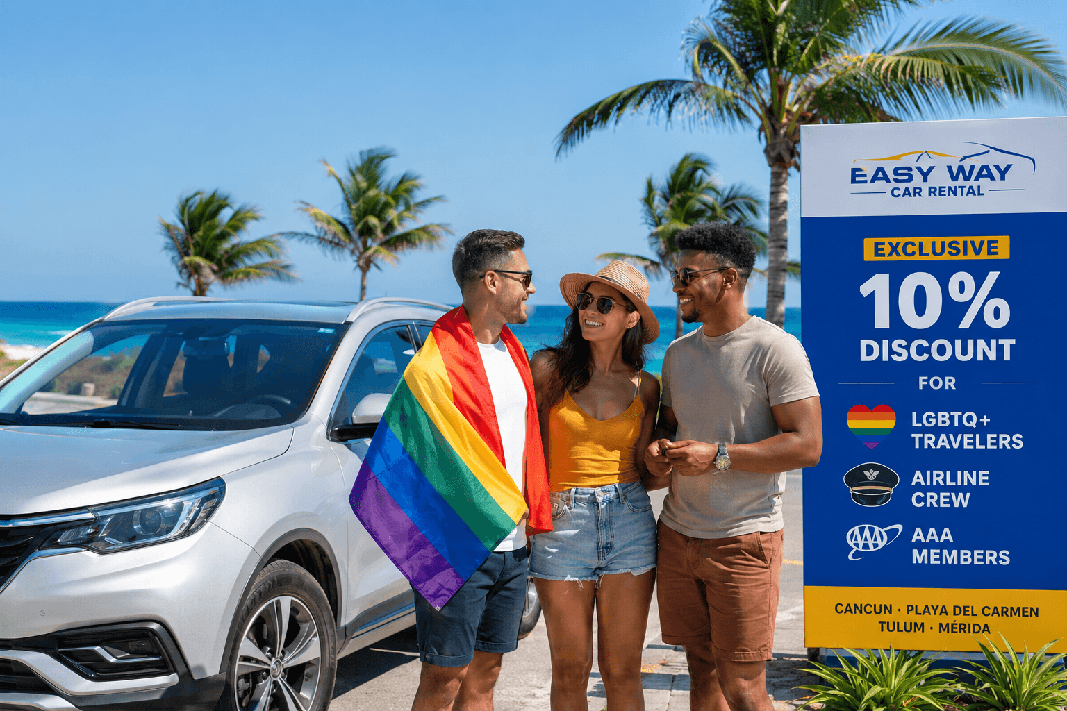 Save 10% on Car Rentals for LGBTQ+ Travelers, Airline Crew & AAA Members in Cancun, Playa del Carmen, Tulum and Mérida