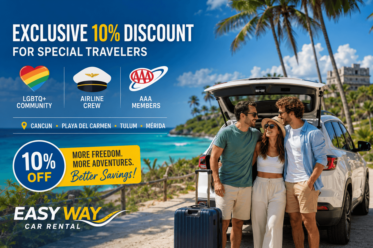 Exclusive 10% Discounts for LGBTQ+, Airline Crew & AAA Members in Cancun, Playa del Carmen, Tulum & Mérida